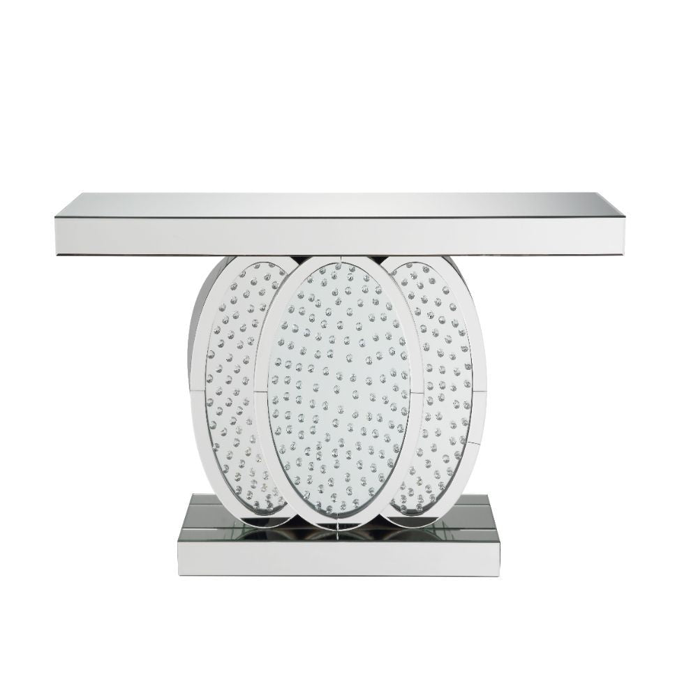 KD, Rectangular Console Table Beveled Mirrored Finish, Clear Glass with Faux Crystal Inlay (Back Unfinished) Orientation: Free Standing NO Storage (Pedestal Base) CONSTRUCTION Top & Apron: Mirror, MDF (Fixed Top/No Leaves) Mirrored Base: Geometric Shape P