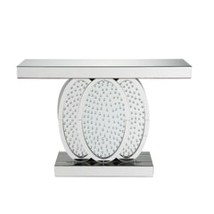 KD, Rectangular Console Table Beveled Mirrored Finish, Clear Glass with Faux Crystal Inlay (Back Unfinished) Orientation: Free Standing NO Storage (Pedestal Base) CONSTRUCTION Top & Apron: Mirror, MDF (Fixed Top/No Leaves) Mirrored Base: Geometric Shape P
