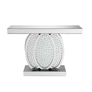 KD, Rectangular Console Table Beveled Mirrored Finish, Clear Glass with Faux Crystal Inlay (Back Unfinished) Orientation: Free Standing NO Storage (Pedestal Base) CONSTRUCTION Top & Apron: Mirror, MDF (Fixed Top/No Leaves) Mirrored Base: Geometric Shape P