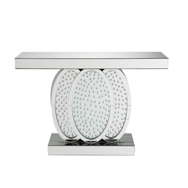 KD, Rectangular Console Table Beveled Mirrored Finish, Clear Glass with Faux Crystal Inlay (Back Unfinished) Orientation: Free Standing NO Storage (Pedestal Base) CONSTRUCTION Top & Apron: Mirror, MDF (Fixed Top/No Leaves) Mirrored Base: Geometric Shape P
