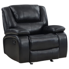 Bold black leatherette upholstery offers the look of luxurious leather with easy-care maintenance as the glider recliner is versatile and beautiful. Living rooms, family rooms, and dens become comfort zones with the plump feel and clean design of a classi
