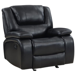 Bold black leatherette upholstery offers the look of luxurious leather with easy-care maintenance as the glider recliner is versatile and beautiful. Living rooms, family rooms, and dens become comfort zones with the plump feel and clean design of a classi