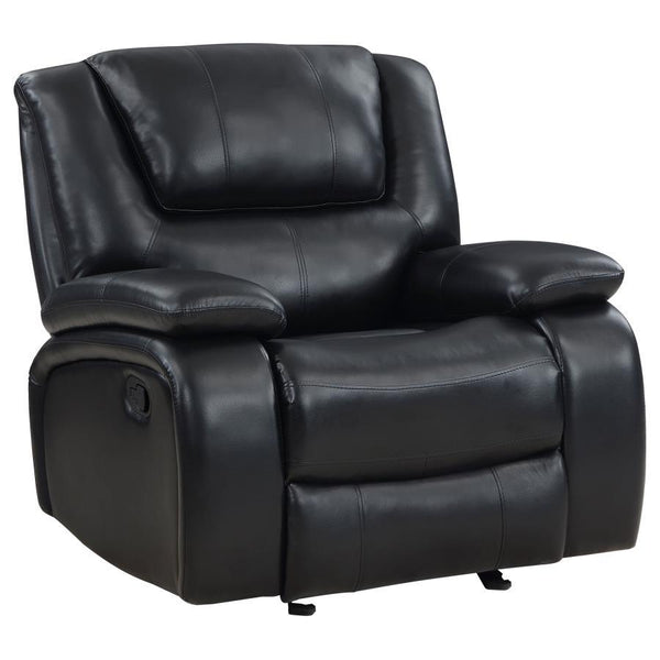 Bold black leatherette upholstery offers the look of luxurious leather with easy-care maintenance as the glider recliner is versatile and beautiful. Living rooms, family rooms, and dens become comfort zones with the plump feel and clean design of a classi