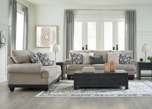 This living room set suits those searching for a fresh take on versatile style, seamlessly transitioning from casual to modern with your decor. Its flexible character comes courtesy of a chunky fabric. Matte black wood trim creates innovative contrast. A 
