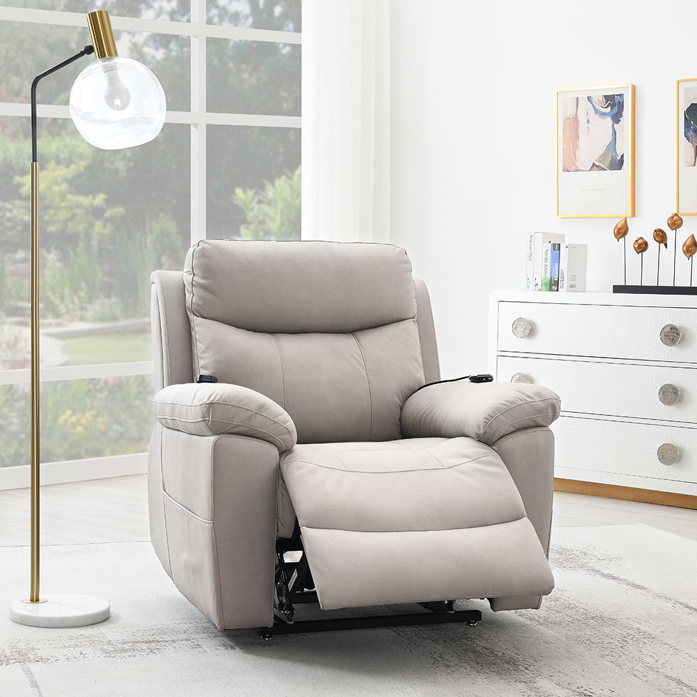 Chriki power recliner available in elegant beige and light gray fabric, offers ultimate comfort and sophistication. Featuring a pocket coil seat construction, tight seat and back cushions, it ensures durability and support. With power lift, massage, and h