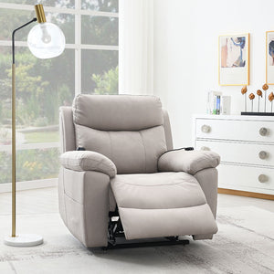 Chriki power recliner available in elegant beige and light gray fabric, offers ultimate comfort and sophistication. Featuring a pocket coil seat construction, tight seat and back cushions, it ensures durability and support. With power lift, massage, and h