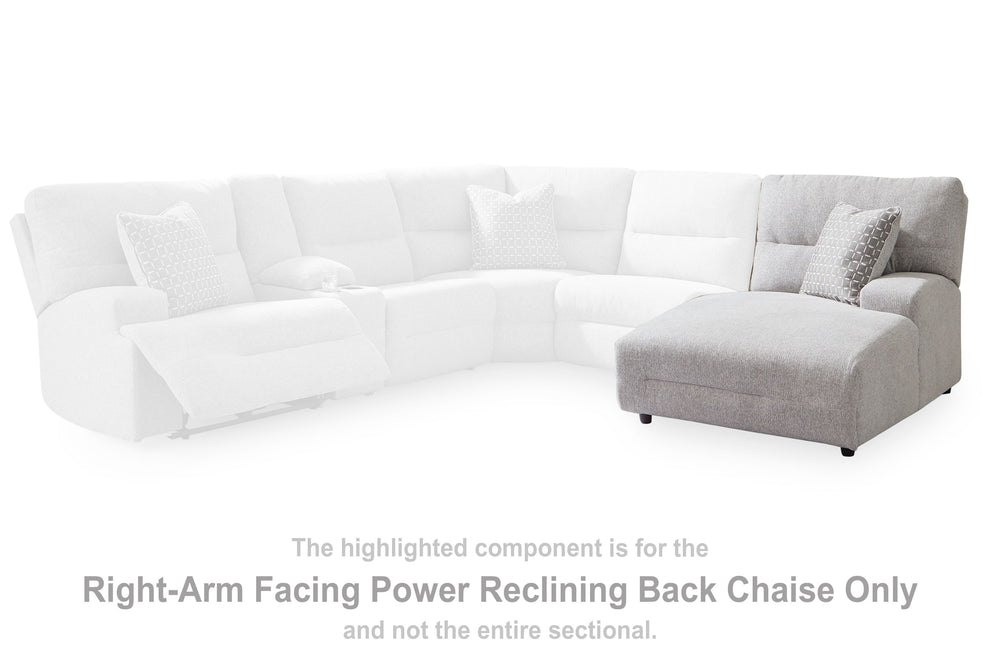 This right-arm facing power reclining back chaise is made with Next-Gen Nuvellaâ„¢ (polyester) upholstery. Pairs with other items in the series to make a sectional.<br><br><b>Additional Dimensions</b><br><ul><li>Arm height: 25-"</li><li>Seat height: 20-"<