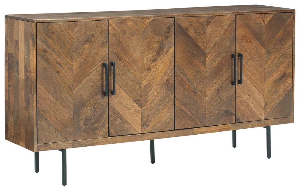 Storage options abound with this accent cabinet featuring 4 chevron pattern doors accented by long dark gray finished metal door pulls. Store dinnerware, cookbooks and many other options within the sideboard which features 2 fixed shelves. The light brown