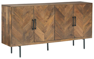 Storage options abound with this accent cabinet featuring 4 chevron pattern doors accented by long dark gray finished metal door pulls. Store dinnerware, cookbooks and many other options within the sideboard which features 2 fixed shelves. The light brown