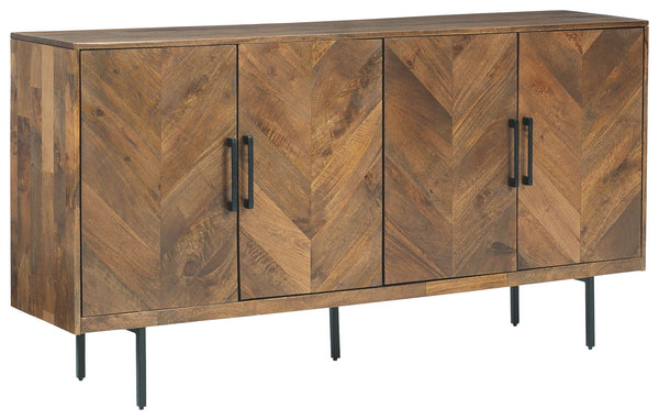 Storage options abound with this accent cabinet featuring 4 chevron pattern doors accented by long dark gray finished metal door pulls. Store dinnerware, cookbooks and many other options within the sideboard which features 2 fixed shelves. The light brown