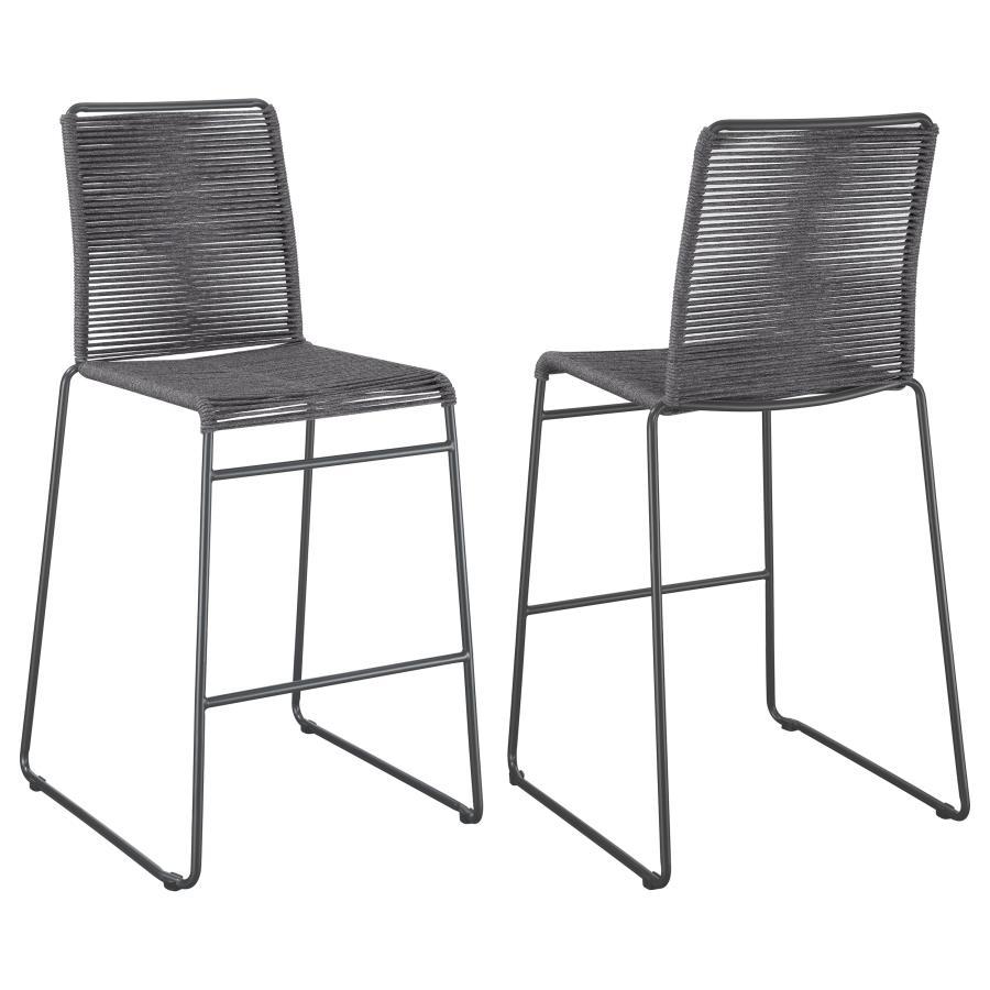 Create visual texture with this contemporary rope woven stool. A tall and slender metal frame in a gunmetal finish, wrapped in charcoal tone rope around the backrest and seat, offer a restful spot for family and guests at elevated dining areas. The metal 