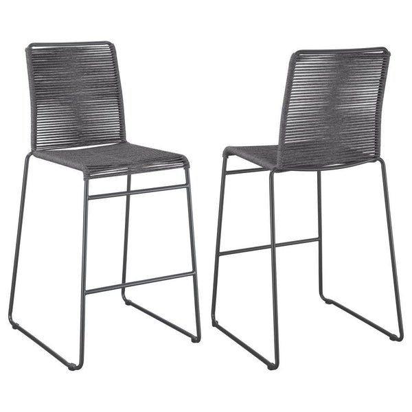 Create visual texture with this contemporary rope woven stool. A tall and slender metal frame in a gunmetal finish, wrapped in charcoal tone rope around the backrest and seat, offer a restful spot for family and guests at elevated dining areas. The metal 