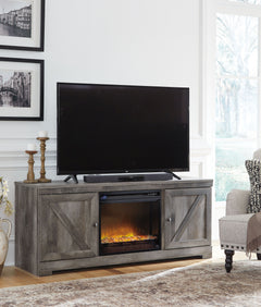 This TV stand with fireplace insert is sure to win your heart with its daring designer take on modern rustic. The standâ€™s crisp, clean and minimalist-chic profile is enriched with a striking replicated oak grain with thick plank styling and a weathered 