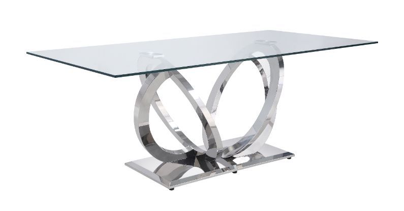 Every perfect party needs a beautiful dining table that complements your dinnerware and home dÃ©cor. This modern masterpiece can become an alluring focal point for your dining room. The clear glass top allows light to flow right through to the metal base,