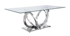 Every perfect party needs a beautiful dining table that complements your dinnerware and home dÃ©cor. This modern masterpiece can become an alluring focal point for your dining room. The clear glass top allows light to flow right through to the metal base,