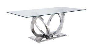 Every perfect party needs a beautiful dining table that complements your dinnerware and home dÃ©cor. This modern masterpiece can become an alluring focal point for your dining room. The clear glass top allows light to flow right through to the metal base,