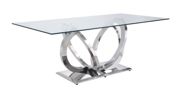 Every perfect party needs a beautiful dining table that complements your dinnerware and home dÃ©cor. This modern masterpiece can become an alluring focal point for your dining room. The clear glass top allows light to flow right through to the metal base,