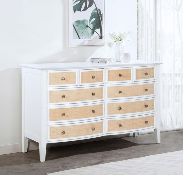  complemented perfectly with a bright white finish that lends casual elegance. Each drawer front is adorned with na