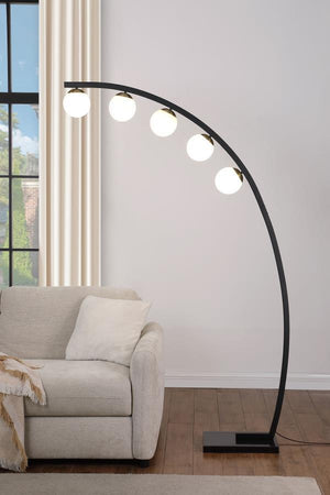  creating the inspiration for a modern five-light floor lamp. Its graceful arc silhouette is adorned with a crisp black finish