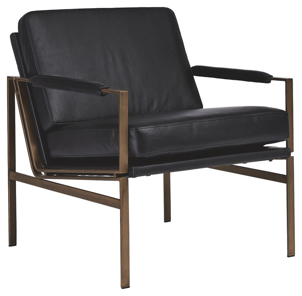 This accent chair has an ultra-modern vibe and indulgent feel. Its metal frame is a chic complement to black leather seating. With its nickel-tone finish and urban industrial style, this accent chair impresses with high-end looks priced to entice.<br><br>