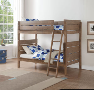 The Ranta twin over twin bunk bed is all about quality, choice and value. This antique oak bunk bed features the option of converting stacked bunk beds to two separate beds, right facing removable ladder, easy access guard rail on top bed, and slat system