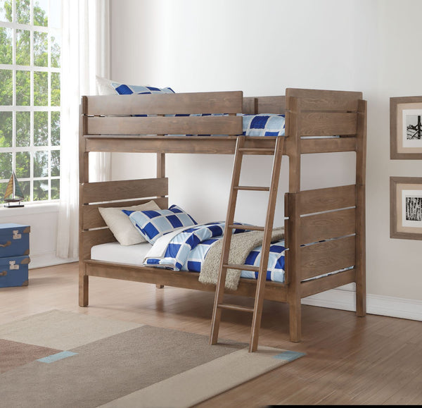 The Ranta twin over twin bunk bed is all about quality, choice and value. This antique oak bunk bed features the option of converting stacked bunk beds to two separate beds, right facing removable ladder, easy access guard rail on top bed, and slat system