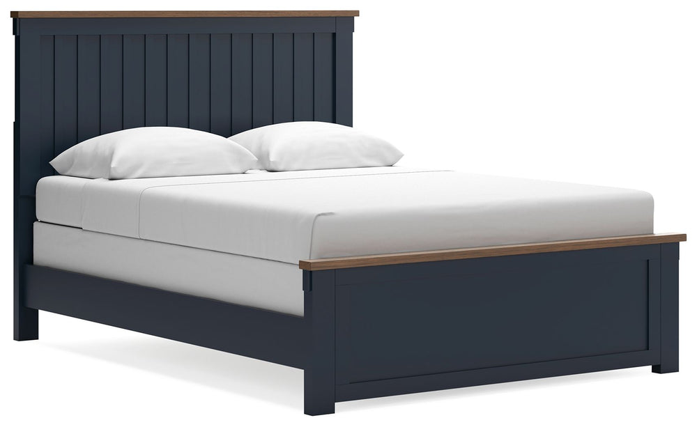 Add homespun charm to your restful retreat. A modern take on a timeless silhouette, this queen panel bed pairs a dark slate blue finish with light brown accents. The slatted headboard in a classic Shaker style brings an air of beautiful simplicity to the 