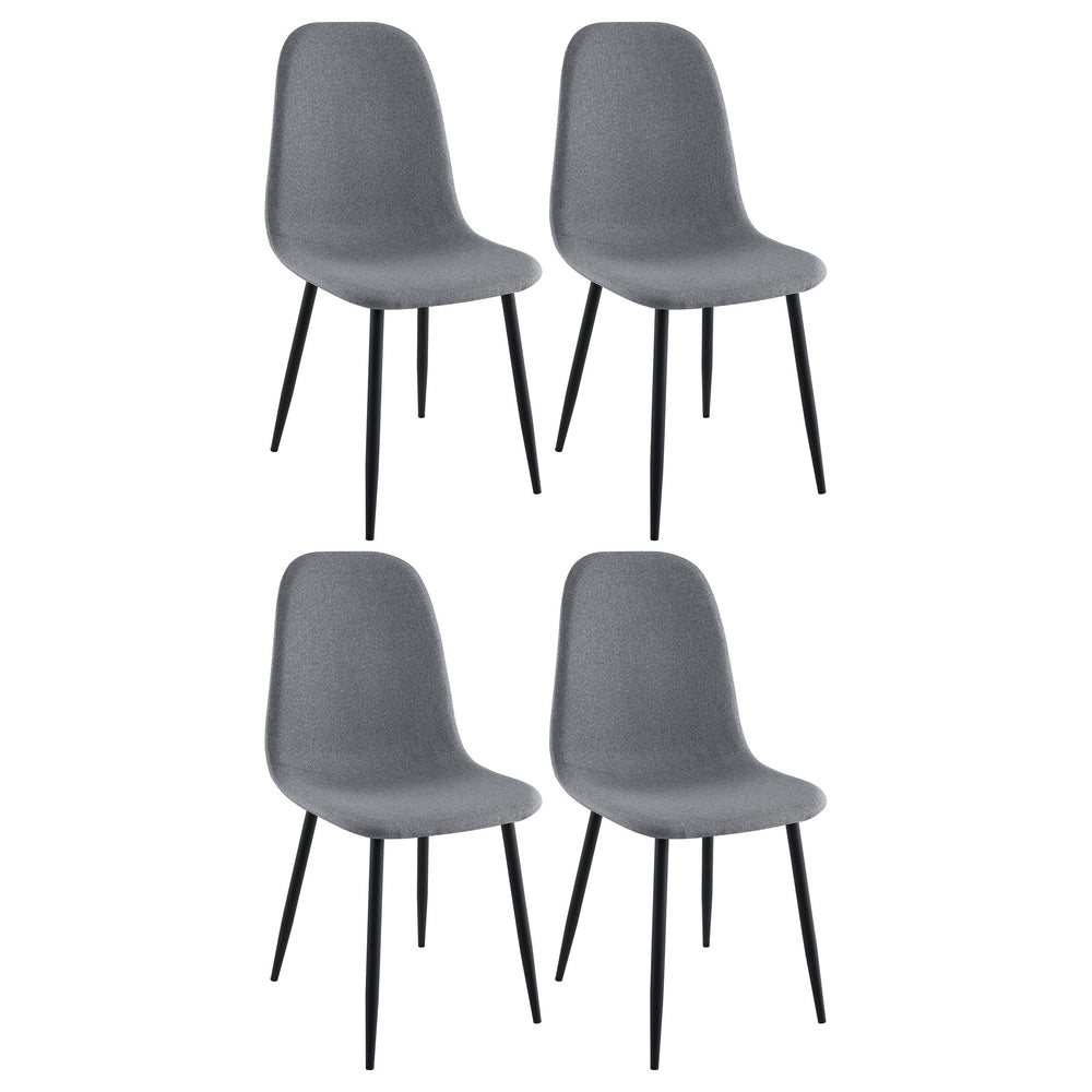 Create an inviting ambiance with a set of four contemporary side chairs. Perfect for a kitchen or dining room table, the chairs boast a light, airy silhouette with stylish, updated appeal. Each includes neutral gray upholstery and a bucket seat that deliv