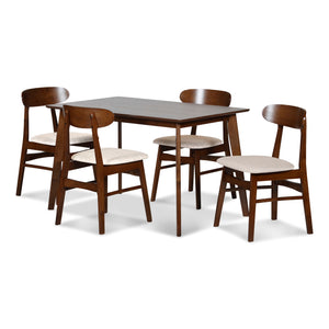 The Morocco Mid-Century Modern Wood 5 Piece Dining Set is a perfect combination of durability, style, and functionality. This set includes a beautifully crafted dining table and four elegantly designed chairs, complete with natural cushions that add a tou