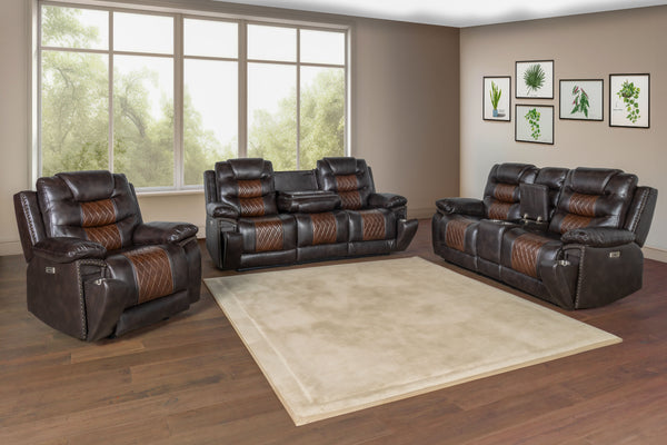 Transform your living space with the Nikko 3 Piece Power Motion Upholstery Set, featuring a dual reclining sofa, console loveseat, and glider recliner with power footrests and hidden cup holders. This comprehensive set includes a sofa, loveseat, and glide