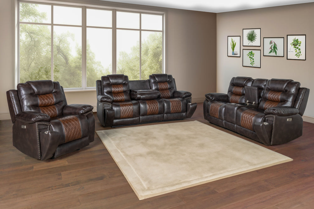 Transform your living space with the Nikko 3 Piece Power Motion Upholstery Set, featuring a dual reclining sofa, console loveseat, and glider recliner with power footrests and hidden cup holders. This comprehensive set includes a sofa, loveseat, and glide