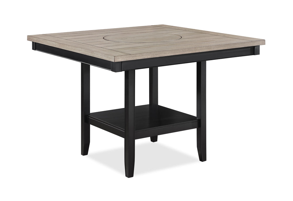 Introduce a touch of contemporary sophistication to your dining area with this stunning counter height dining set. The centerpiece table boasts a chic, two-tone finish with a sleek, dark base and a beautifully textured gray tabletop with built-in turntabl