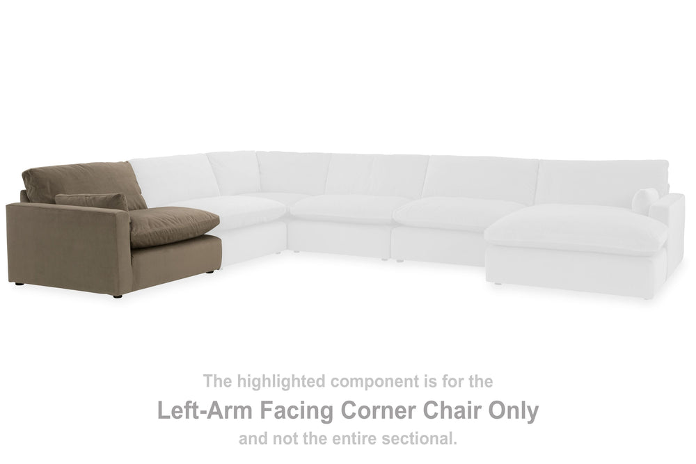 This left-arm facing corner chair is made with polyester upholstery. Fully finished on all sides, it pairs with other items in the series to make a modular sectional.<br><br><b>Additional Dimensions</b><br><ul><li>Arm height: 24-"</li><li>Seat depth: 28-"