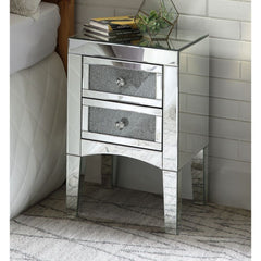 Assembled, Rectangular Night Table Storage: 2 Drw Features: Mirrored Finish, Front Drawer w/w/Faux Crystals & Clear Glass, Mirrored Tapered Leg (Open Base) CONSTRUCTION Mirrored Case Frame: 4mm Beveled Mirror, MDF