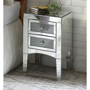 Assembled, Rectangular Night Table Storage: 2 Drw Features: Mirrored Finish, Front Drawer w/w/Faux Crystals & Clear Glass, Mirrored Tapered Leg (Open Base) CONSTRUCTION Mirrored Case Frame: 4mm Beveled Mirror, MDF