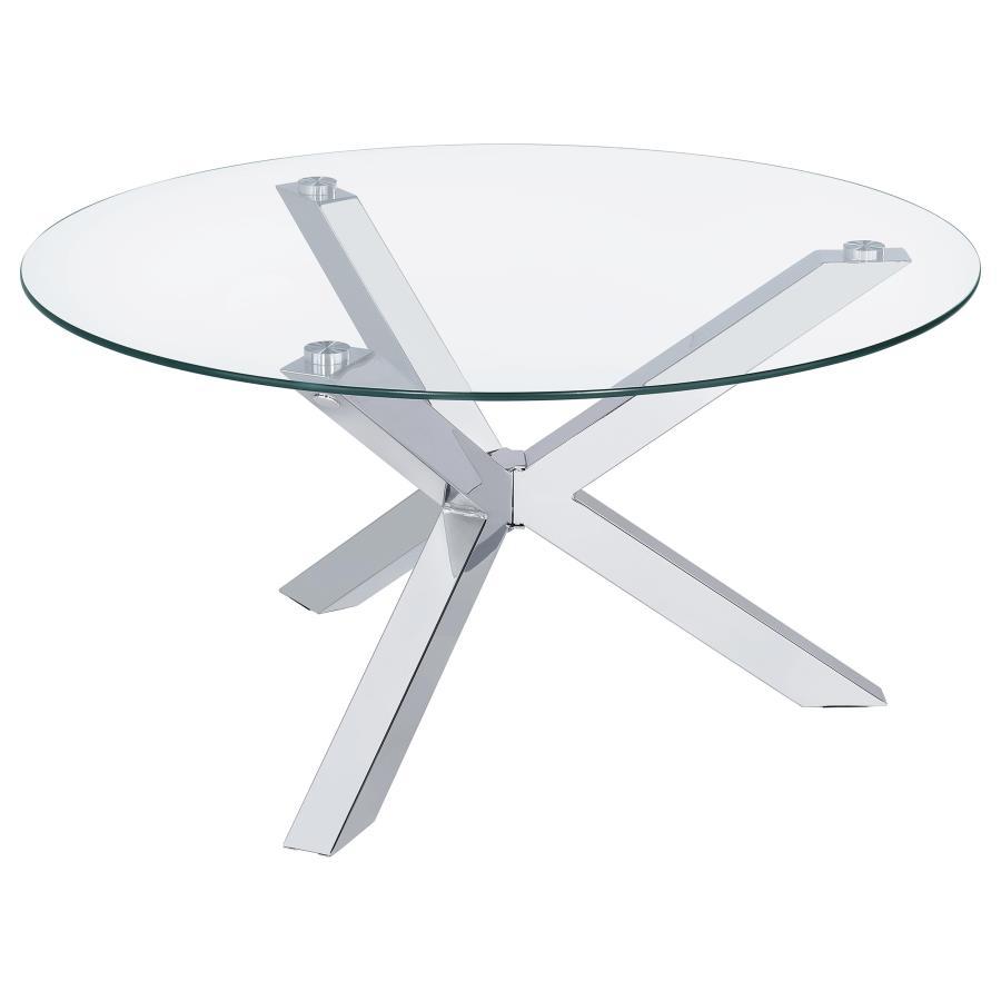 This modern center table fuses simplicity and sophistication, showcasing a tempered glass surface atop a striking, heavy gauge steel base with electroplated chrome and a polished finish. As a versatile cocktail table, accent table, or low table, it elevat