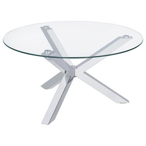 This modern center table fuses simplicity and sophistication, showcasing a tempered glass surface atop a striking, heavy gauge steel base with electroplated chrome and a polished finish. As a versatile cocktail table, accent table, or low table, it elevat