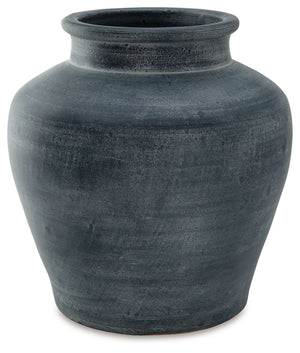 Understated in its beauty, this vase offers a traditional feel courtesy of its terra cotta construction. The antiqued look is brought into the present with a distressed blue hue. It-'s an effortless way to elevate a centerpiece, bookshelf or mantle. Add f