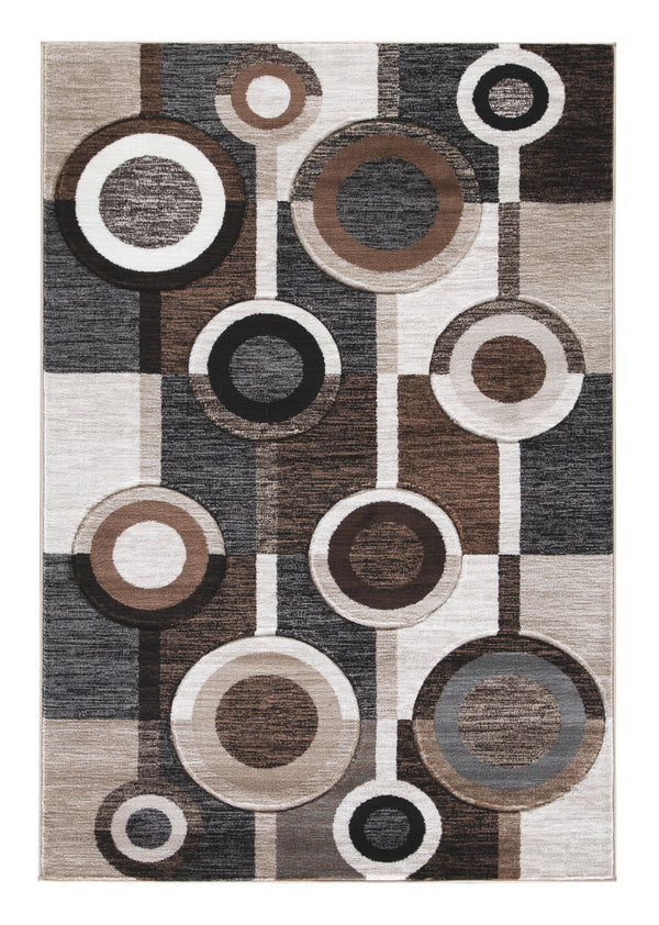 Talk about bringing modern pop to a space. With its multilayered geometric design and pleasing palette of black, brown and cream tones, this area rug is decidedly bold without coming on too strong.<br/><br/><b>Product Features</b><ul><li>Made of polypropy
