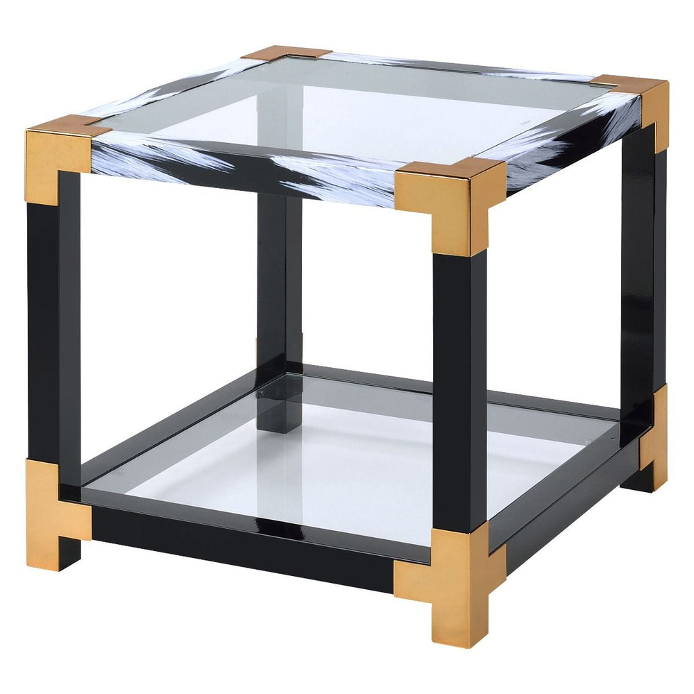 KD, Square Leg End Table â€¢ Storage: Open Compartment (Bottom Glass Shelf) â€¢ Glass Top & Shelf: 5mm Clear Tempered Glass, NOT Beveled (Fixed Top/No Apron) â€¢ Metal Square Leg, Top Trim & Crossbar Support Frame: Hand Brushed White & Copper â€¢ Clearanc