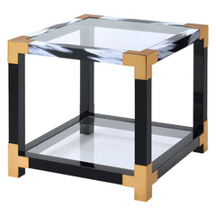KD, Square Leg End Table â€¢ Storage: Open Compartment (Bottom Glass Shelf) â€¢ Glass Top & Shelf: 5mm Clear Tempered Glass, NOT Beveled (Fixed Top/No Apron) â€¢ Metal Square Leg, Top Trim & Crossbar Support Frame: Hand Brushed White & Copper â€¢ Clearanc