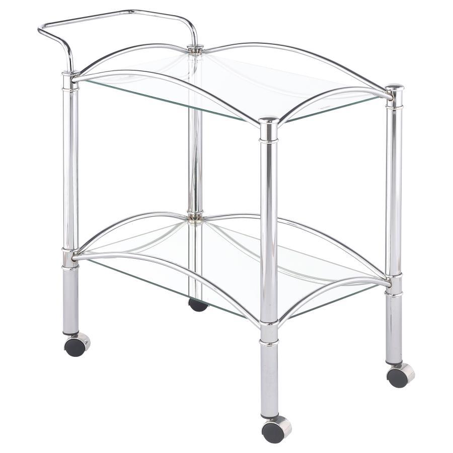 Simple elegance with a modern twist. This freshly styled serving cart offers a tasteful addition to contemporary decor. With a sleek chrome finish, its metal frame receives romantic curved accents. A tempered glass top shelf and mirrored bottom shelf acco