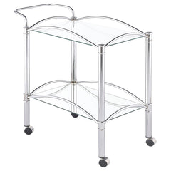 Simple elegance with a modern twist. This freshly styled serving cart offers a tasteful addition to contemporary decor. With a sleek chrome finish, its metal frame receives romantic curved accents. A tempered glass top shelf and mirrored bottom shelf acco