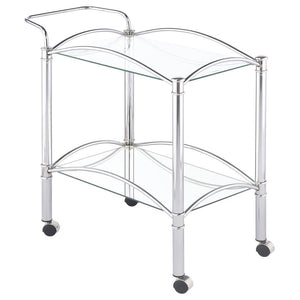 Simple elegance with a modern twist. This freshly styled serving cart offers a tasteful addition to contemporary decor. With a sleek chrome finish, its metal frame receives romantic curved accents. A tempered glass top shelf and mirrored bottom shelf acco