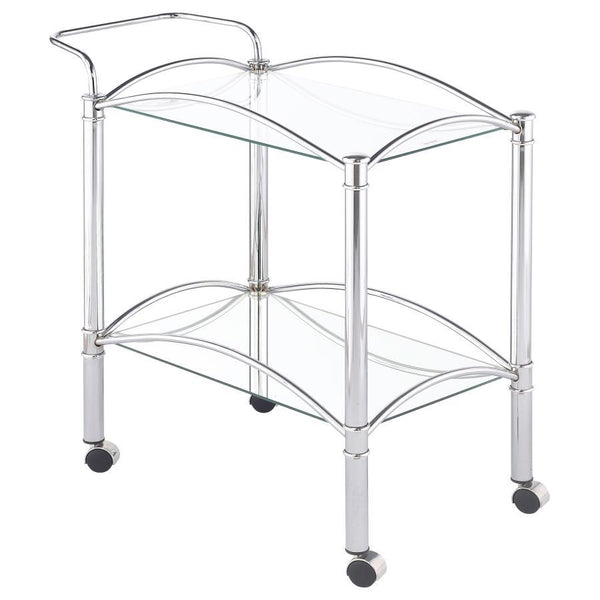 Simple elegance with a modern twist. This freshly styled serving cart offers a tasteful addition to contemporary decor. With a sleek chrome finish, its metal frame receives romantic curved accents. A tempered glass top shelf and mirrored bottom shelf acco