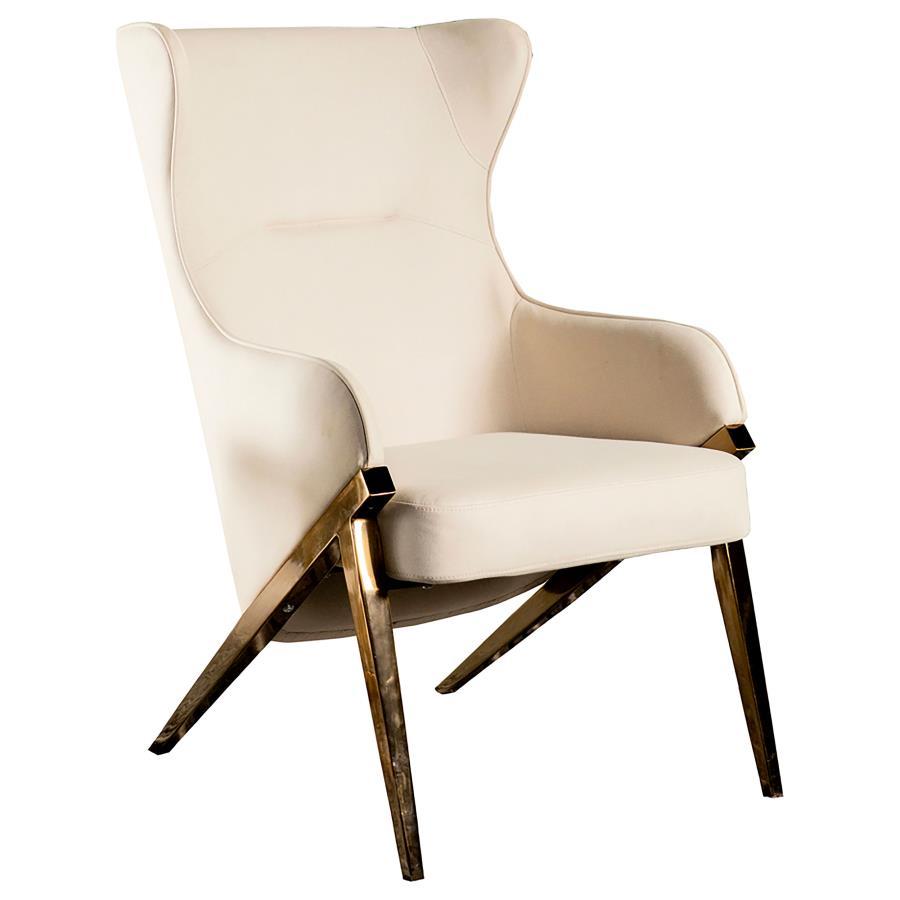 A glorious accent chair makes a magnificent display in your living space. The beautiful wingback design adds a hint of drama where you need it the most. Smooth and sleek leatherette material makes it a comfortable seating option. Sloped armrests add to it