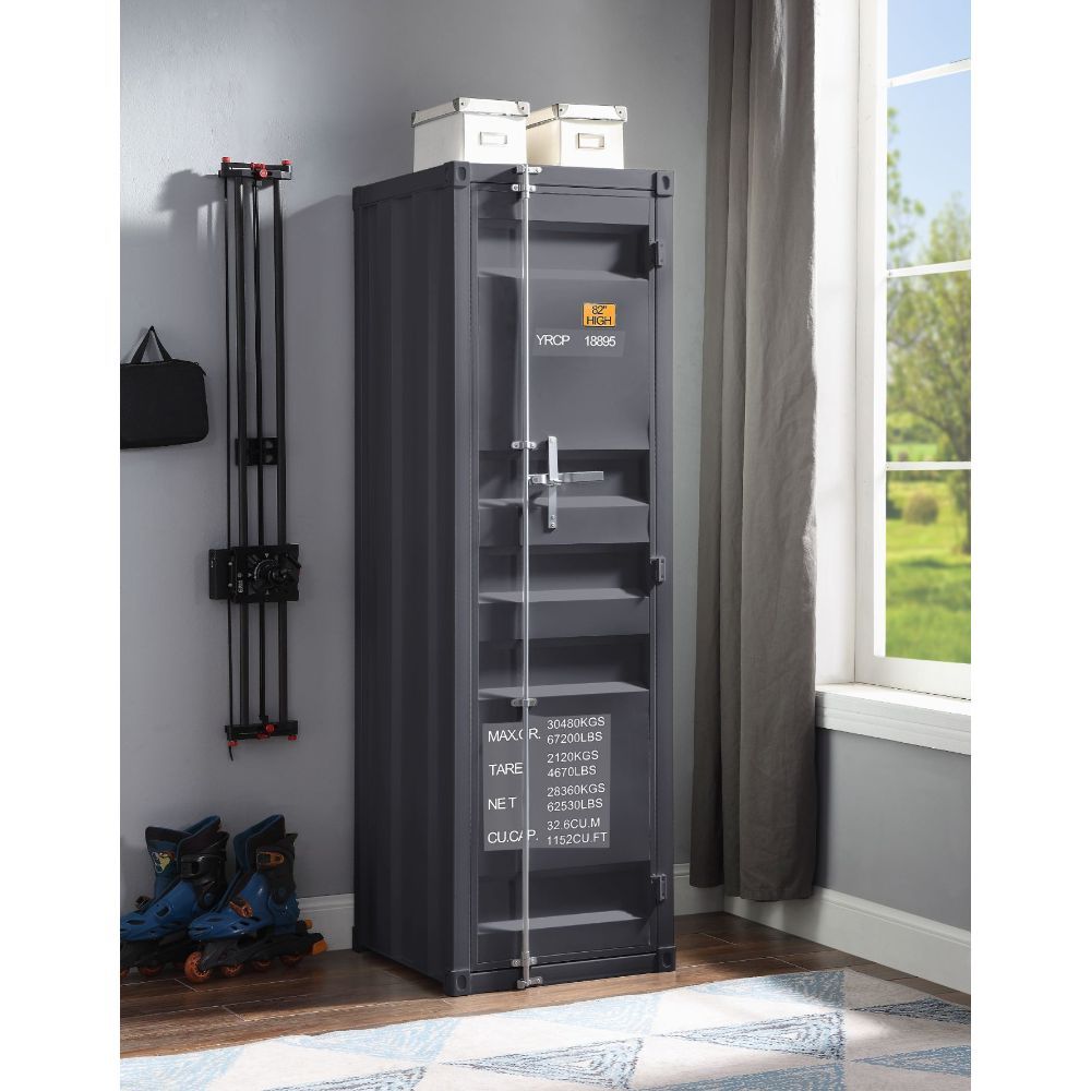 KD, Rectangular Wardrobe Storage: 1 Metal Door (Inside: 2 Compartments w/1 Metal Shelves), Top w/Hanging Clothes Rod Features: Metal Frame, Recessed Panels (Cargo Container Panels), Full-Length Container Lock (NO LEGS) CONSTRUCTION Metal Case: Iron Plate 