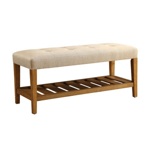 Simplistic lines pulling from the craftsman era and tapered legs to add some style, the Charla bench with button tufted full box seat can easily compliment any home styling Decor. The added width of the bottom slats serves as a function shelf. There are 4