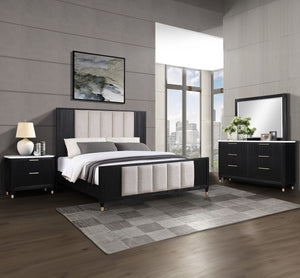 Elevate your sanctuary with this chic and contemporary bedroom ensemble that blends functionality with a sleek, modern aesthetic. The collection features a luxuriously upholstered bed, showcasing a high headboard and footboard with a refined fabric select