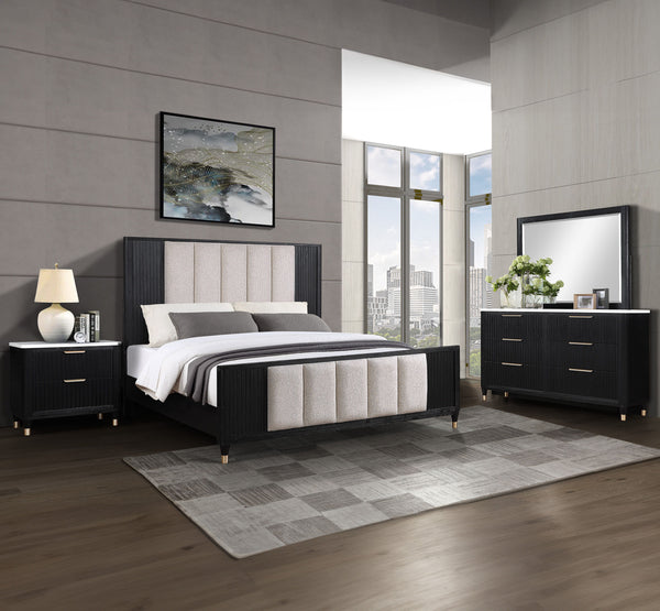 Elevate your sanctuary with this chic and contemporary bedroom ensemble that blends functionality with a sleek, modern aesthetic. The collection features a luxuriously upholstered bed, showcasing a high headboard and footboard with a refined fabric select